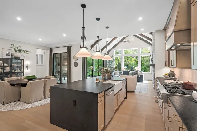 a view of a dining room with furniture wooden floor and a potted plant