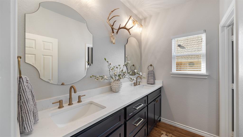 101 Lighthouse Lane Mabank, TX 75143 - Photo 24 of 40 Bathroom with double vanity, dark wood-type flooring, and a textured wall
