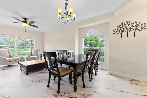 a view of a dining room with furniture window and outside view