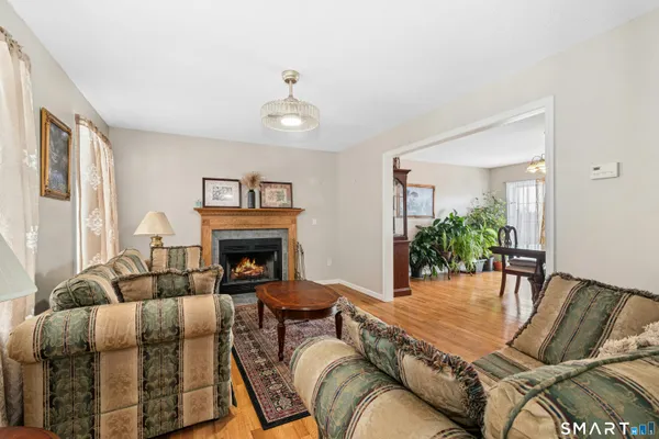 a living room with furniture a fireplace and a potted plant
