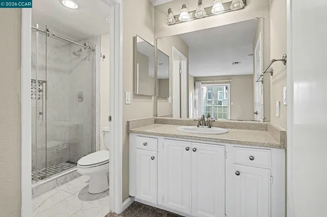 a bathroom with a granite countertop sink a toilet and shower
