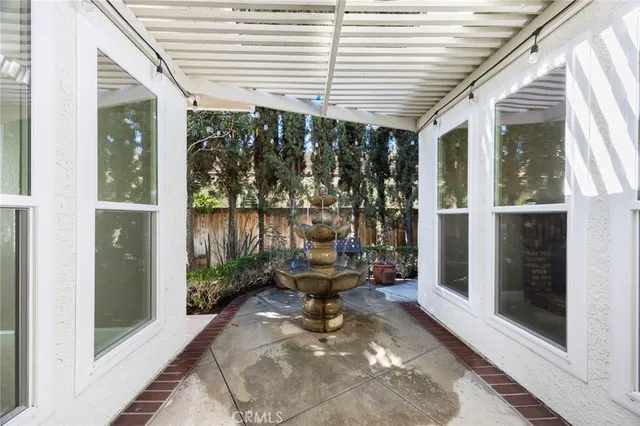 a garden view with a seating space