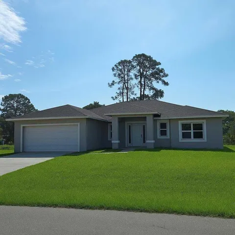 a view of a house with a yard and a large tree