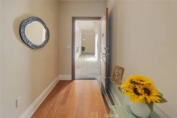 a view of a hallway with wooden floor and a potted plant