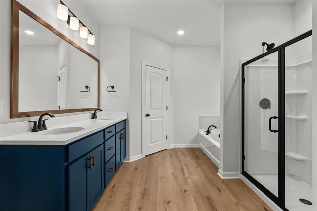 a bathroom with a double vanity sink mirror and shower