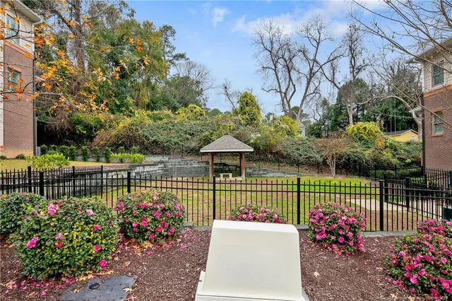 a view of a garden with a flower garden