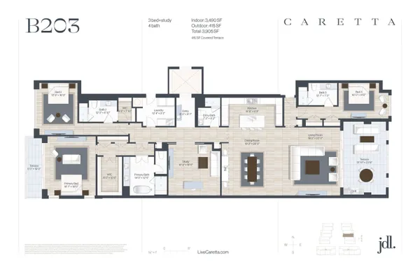 a view of a hallway with furniture and a chandelier