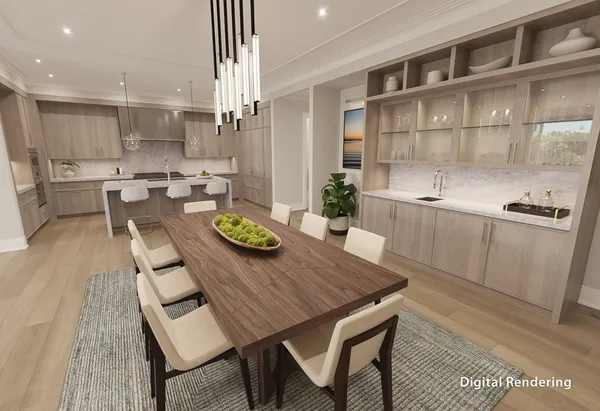 a dining room with furniture and a floor to ceiling window