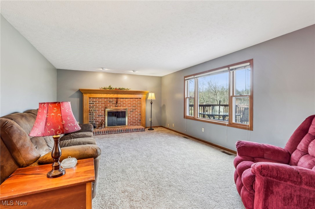 3530 State Road Medina, OH 44256 - Photo 14 of 47 Carpeted living room featuring a fireplace and a textured ceiling