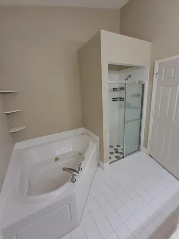 a bathroom with a bathtub and a shower