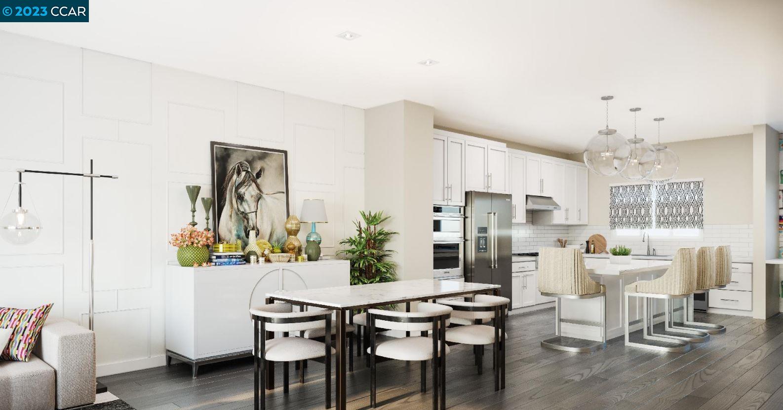 a view of a dining room with furniture and chandelier