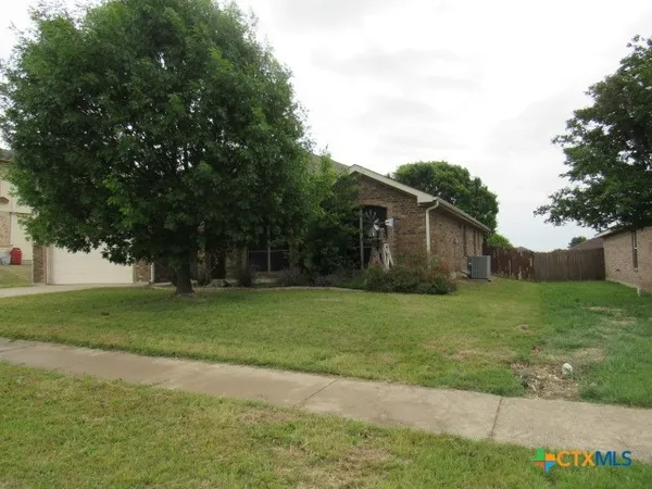 a view of a yard in front of a house with a large tree