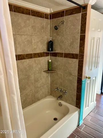 a bathroom with a shower and a bath tub