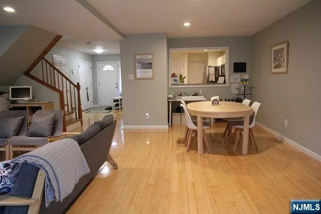 a view of a dining room with furniture