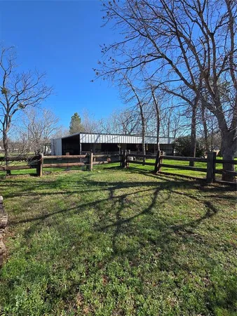a view of a park with large trees