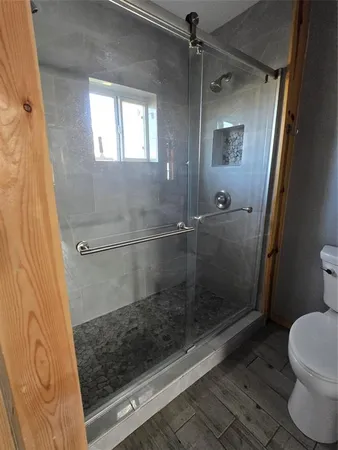 a bathroom with a shower and toilet