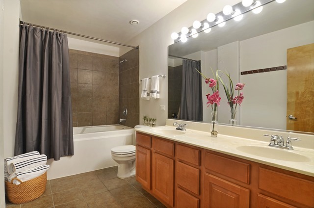 1224 West Van Buren Street, Unit 213 Chicago, IL 60607 - Photo 12 of 16 a bathroom with a sink a toilet and a large mirror