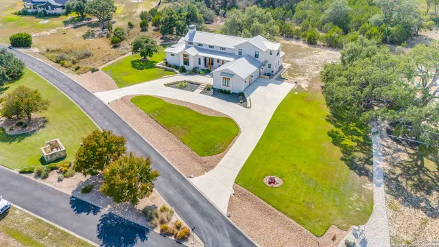 an aerial view of a swimming pool
