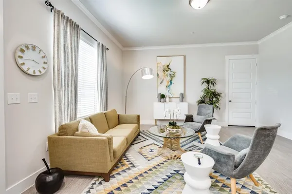 a living room with furniture a rug and a window