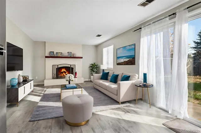 a living room with furniture and a fireplace