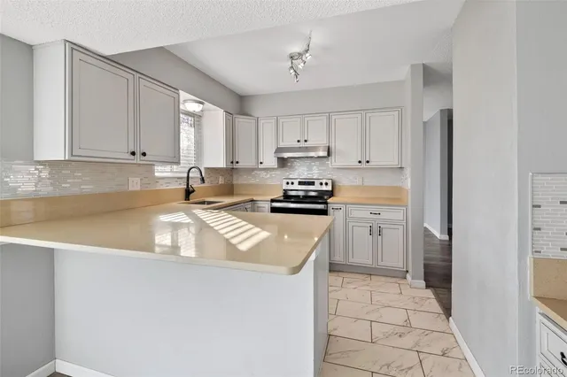 a kitchen with a sink a stove and cabinets