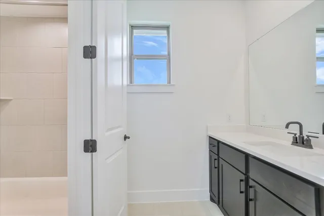 a bathroom with a sink and a shower
