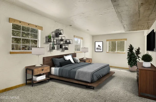 a bedroom with a bed and a couch