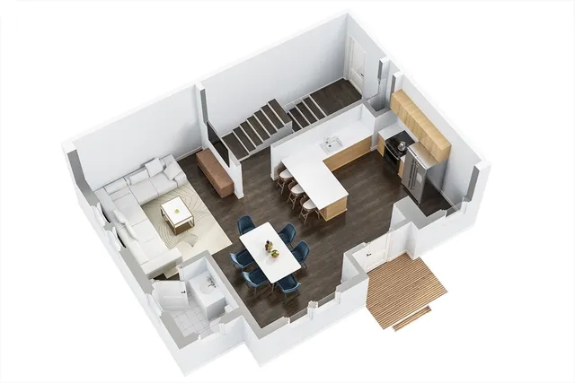 an aerial view of a house with a bed