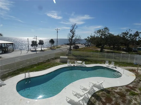 a view of a swimming pool with a yard and plants