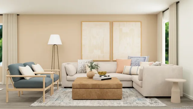 a living room with furniture and a large window