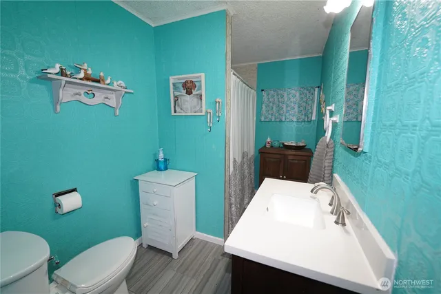 a bathroom with a sink a toilet and mirror