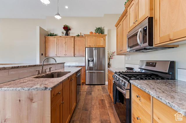 19502 South Olson Road Downey, ID 83234 - Photo 14 of 64 Kitchen with stainless steel appliances, light stone countertops, decorative light fixtures, dark wood-style floors, and light brown cabinetry