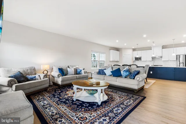 a living room with furniture a rug and a lamp