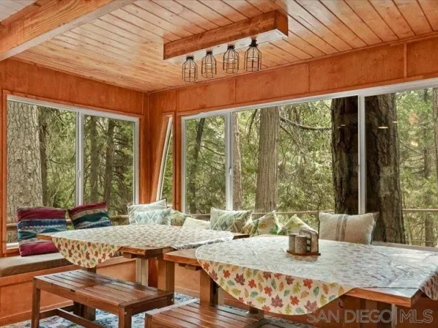 a view of a dining room with furniture window and outside view