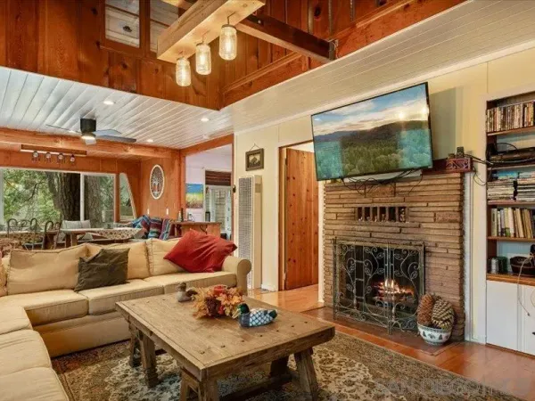 a living room with fireplace furniture and a flat screen tv
