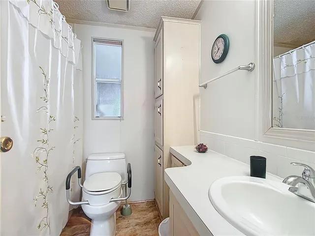a bathroom with a sink a toilet and shower curtain