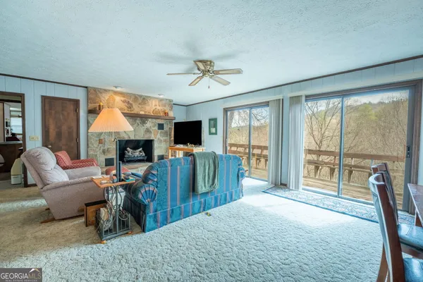 a living room with furniture a fireplace and a flat tv screen next to a window