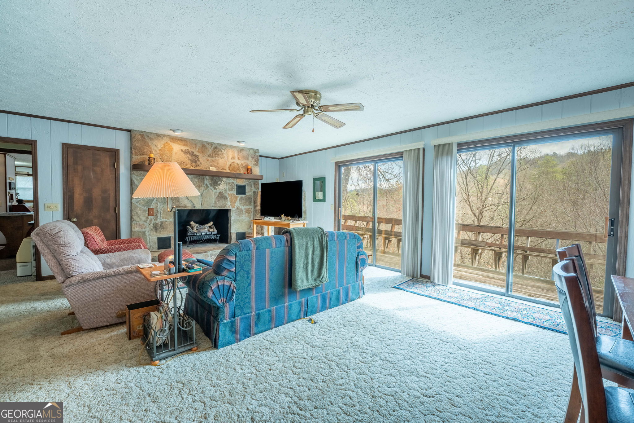 375 Western Way Rabun Gap, GA 30568 - Photo 3 of 51 a living room with furniture a fireplace and a flat tv screen next to a window