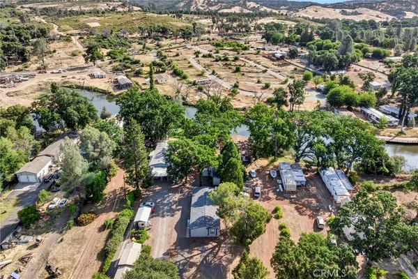 an aerial view of a house with a garden
