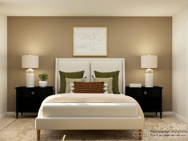 a bedroom with a bed and a potted plant