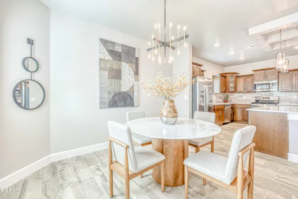 a view of a dining room with furniture