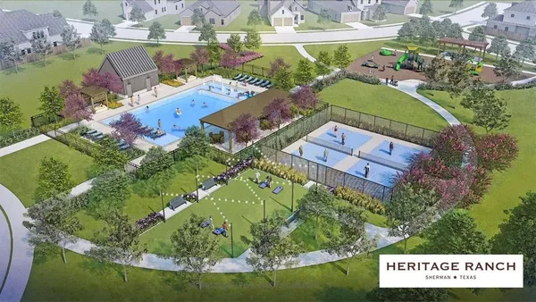 an aerial view of a house with a garden and swimming pool