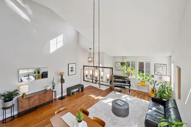 a living room with furniture potted plant and a table
