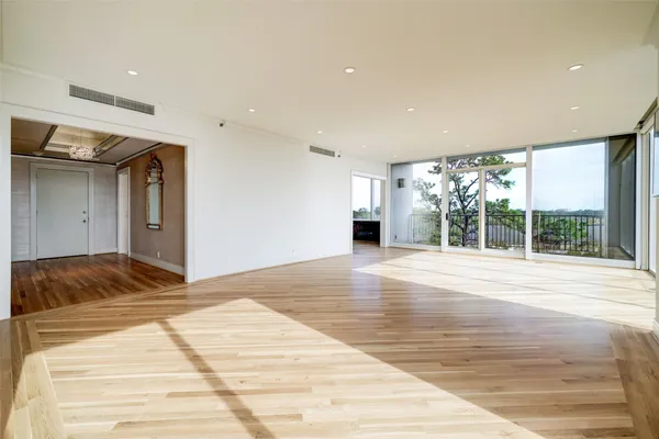 a view of a livingroom with a large window