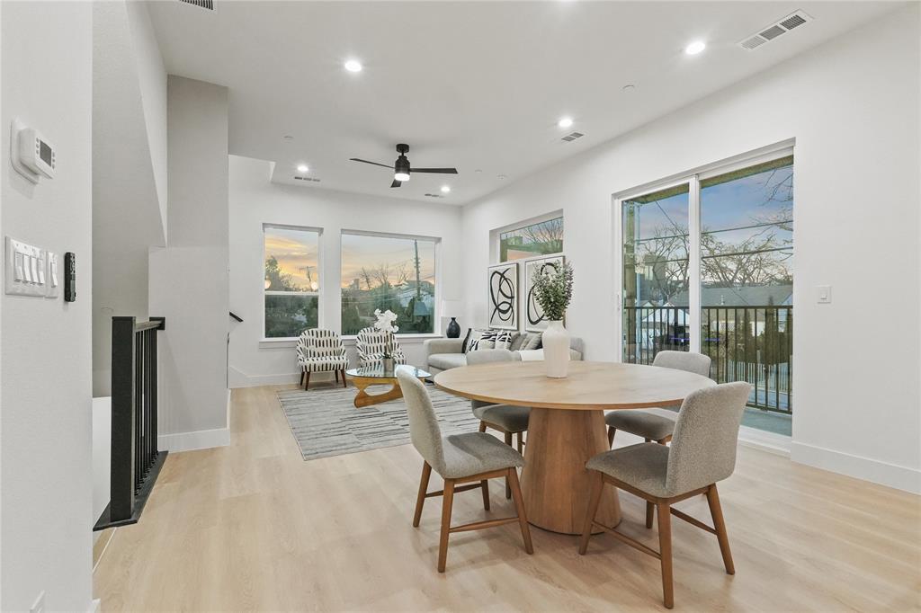 2031 North Prairie Avenue, Unit 101 Dallas, TX 75204 - Photo 12 of 23 Dining space featuring light wood finished floors, ceiling fan, and recessed lighting