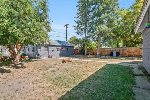a view of a yard with a house and a large tree