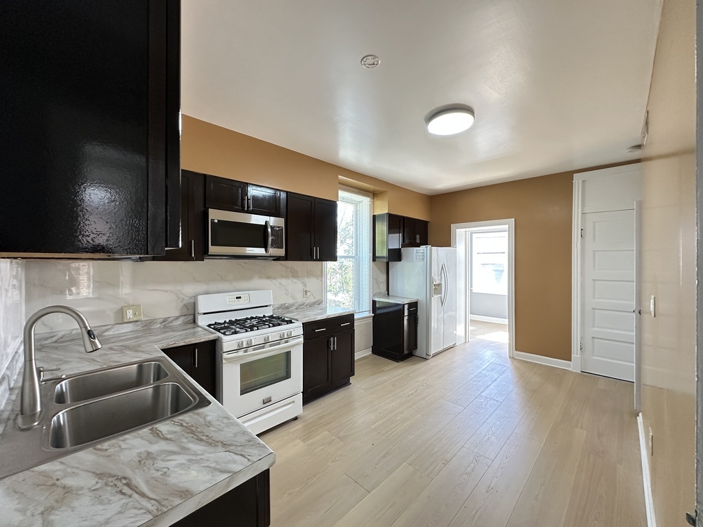 2713 West 16th Street, Unit 3 Chicago, IL 60608 - Photo 5 of 20 a kitchen with stainless steel appliances granite countertop a sink and a stove top oven with wooden floor