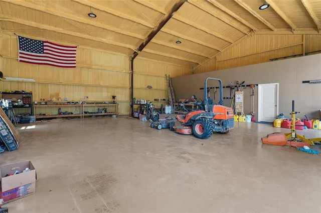 a view of a garage with storage