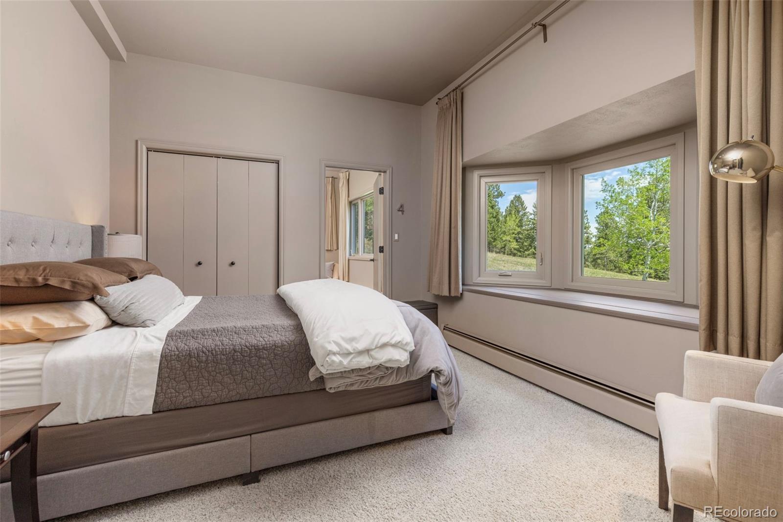 1323 South Snyder Gulch Road Evergreen, CO 80439 - Photo 34 of 47 a spacious bedroom with a bed and a window