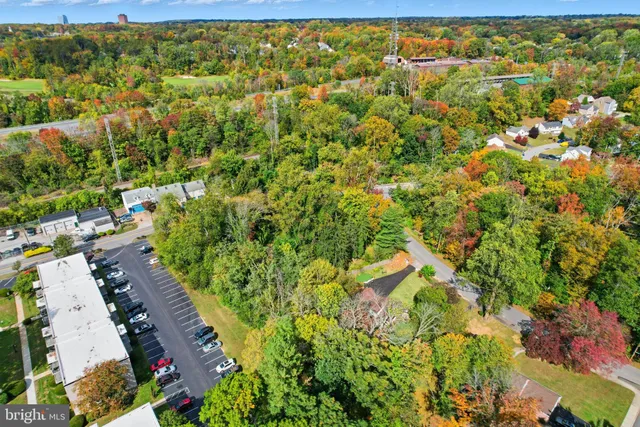 an aerial view of residential houses with outdoor space and trees
